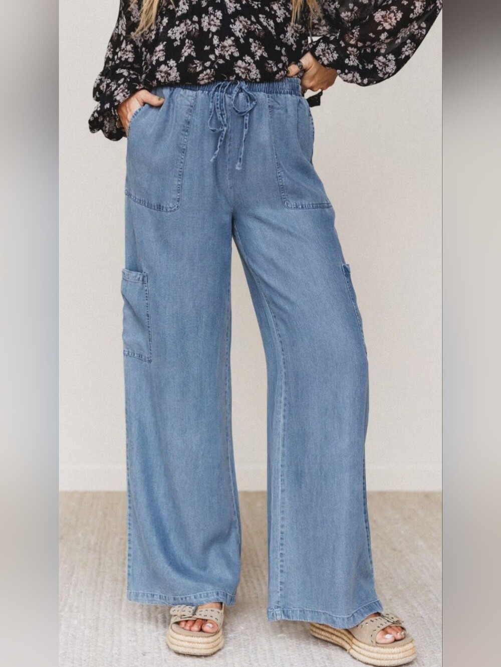 Wide-Leg Light Blue Denim Utility Pants with Drawstring Waist